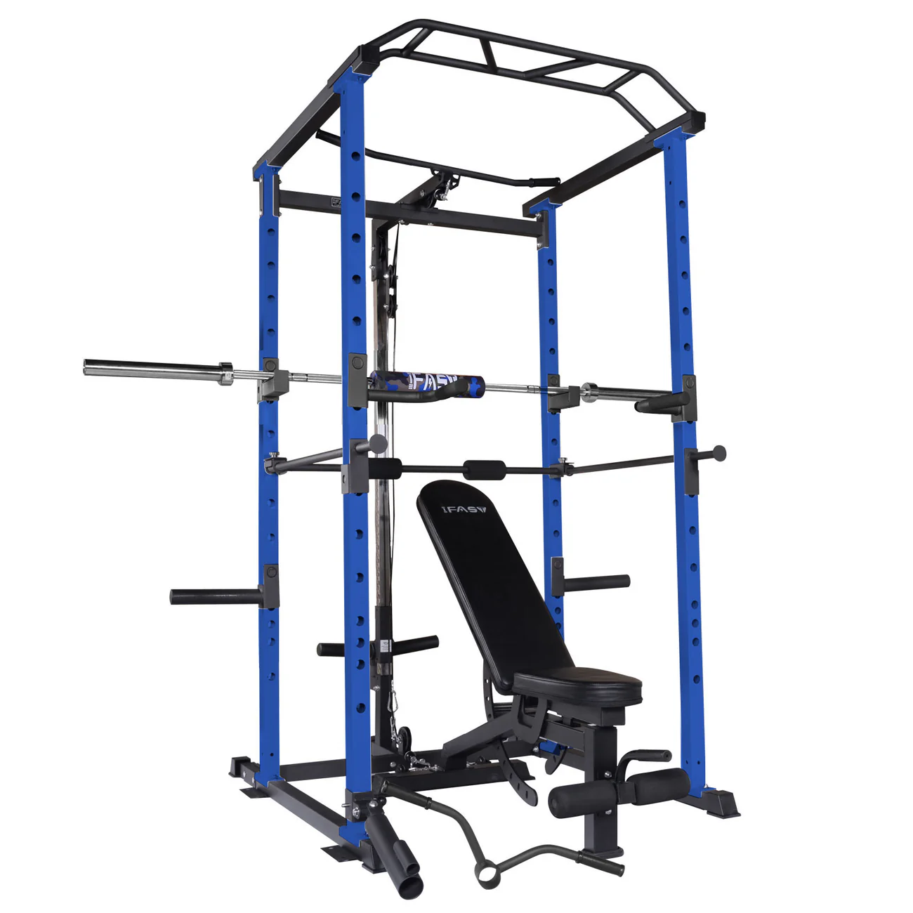 Complete budget power rack home gym setup with barbell, plates, bench, and cable attachment for $750-1000