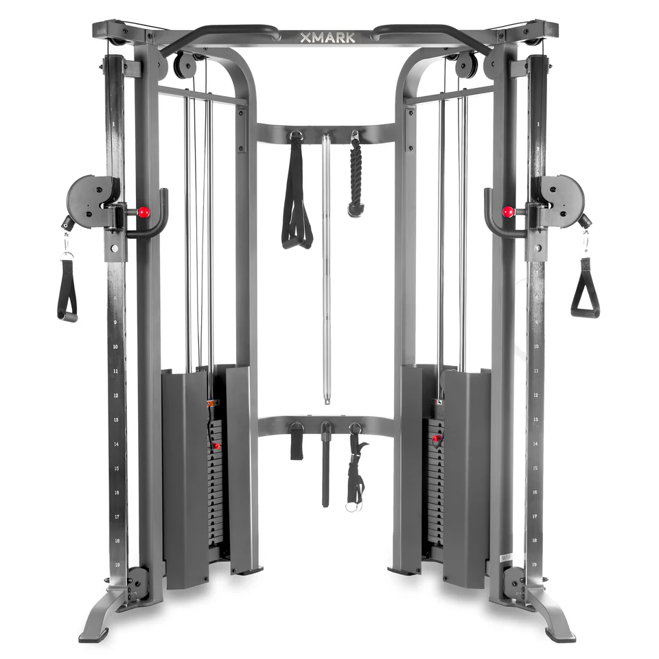 Functional trainer cable machine for home gym with dual weight stacks